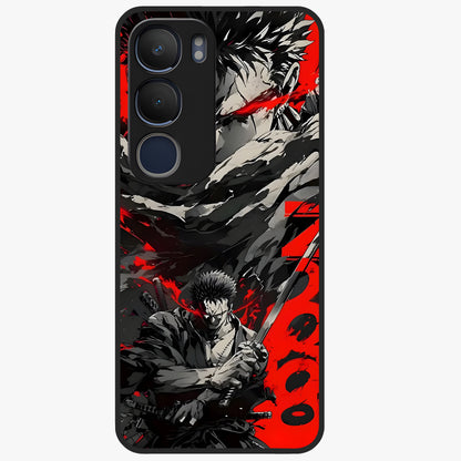 Demon Sword Resolve Glass Case showing flat back view with fierce sword warrior artwork and glossy glass finish.