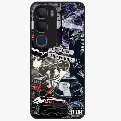Die Young Glass Case showing flat back view with bold artistic typography design and glossy glass finish.