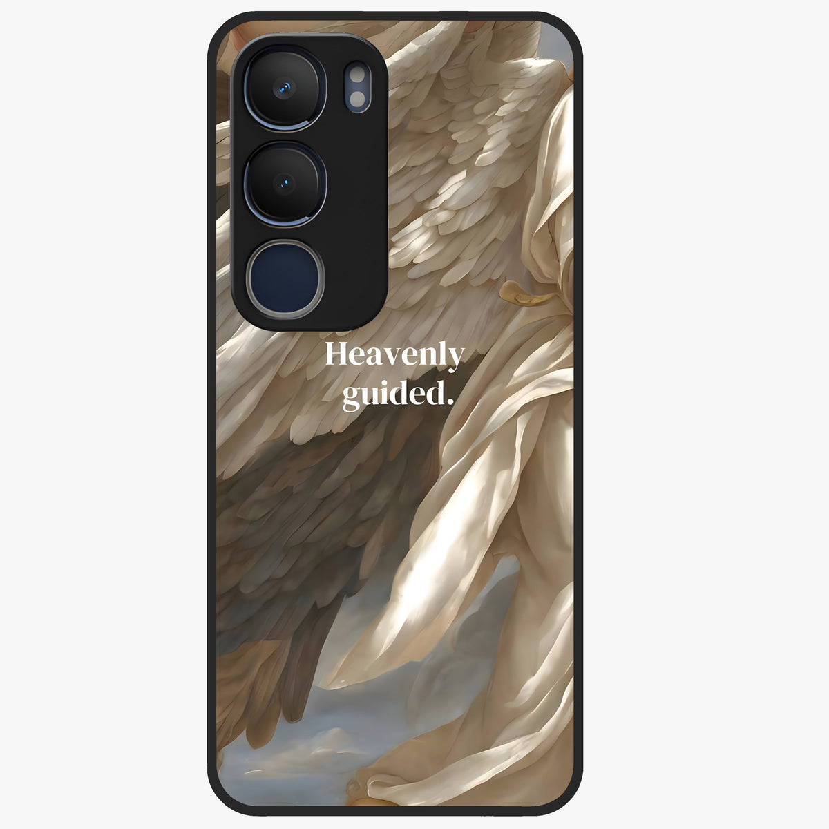 Divine Winged Grace Glass Case showing flat back view with elegant wing inspired artwork and glossy glass finish.