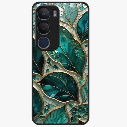 Emerald Leaf Glass Glass Case showing flat back view with emerald green leaf artwork and glossy glass finish.