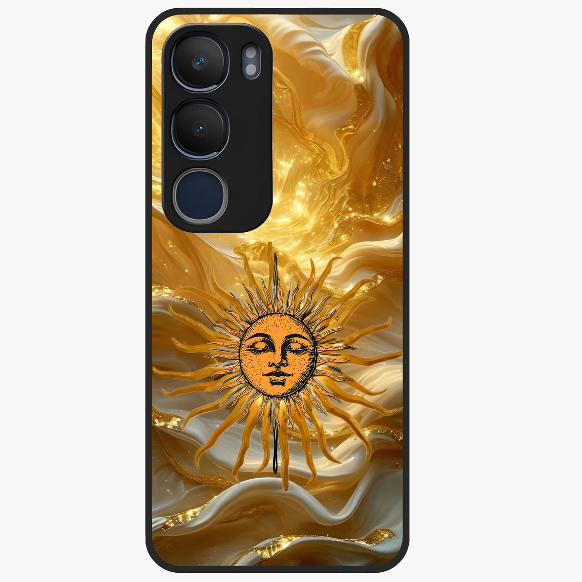 Eternal Golden Glow Glass Case showing flat back view with radiant golden themed artwork and glossy glass finish.