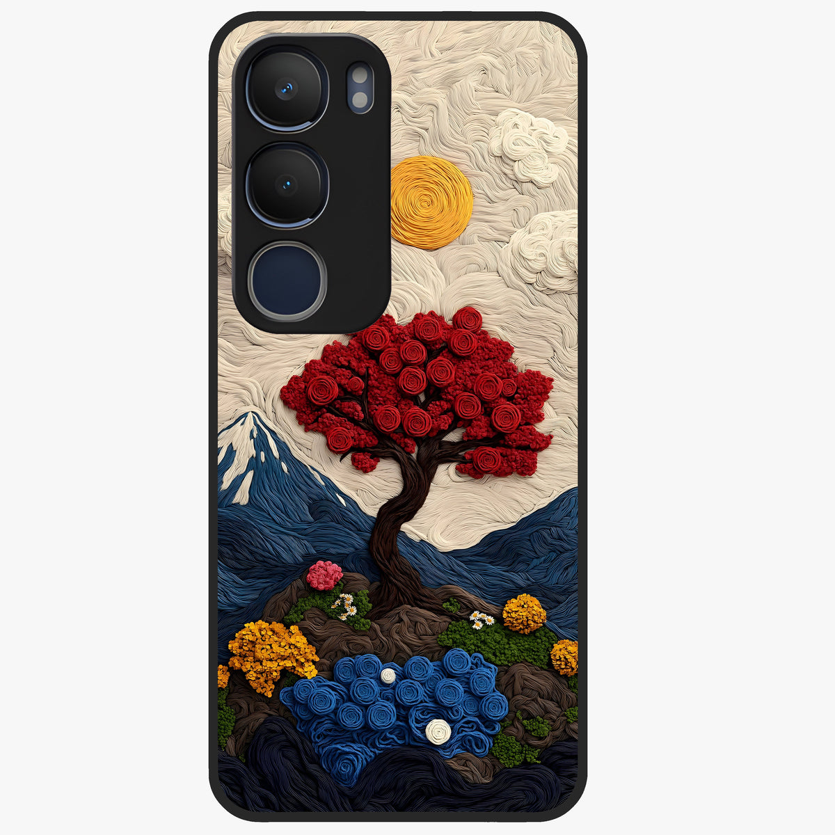 Eternal Nature Tapestry Glass Case showing flat back view with intricate nature tapestry artwork and glossy glass finish.