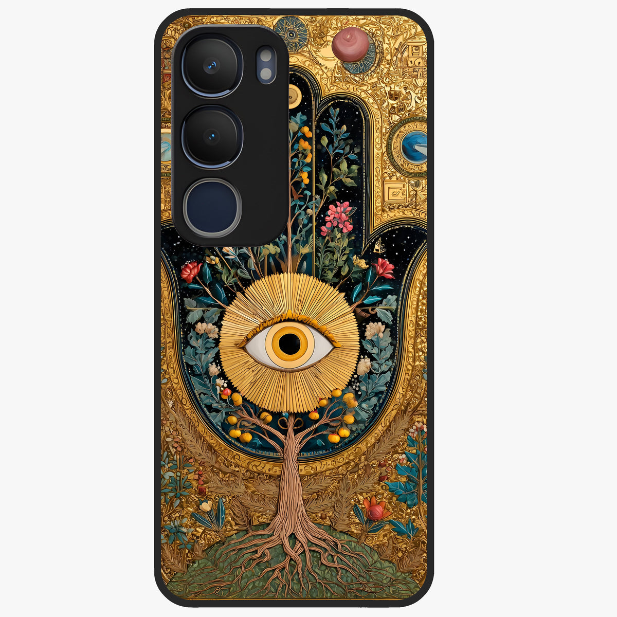Ethereal Evil Eye Glass Case showing flat back view with mystical evil eye artwork and glossy glass finish.