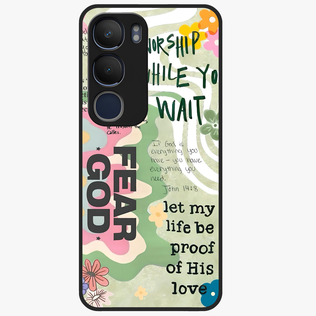 Faith Over Fear Glass Case showing flat back view with motivational typography artwork and glossy glass finish.
