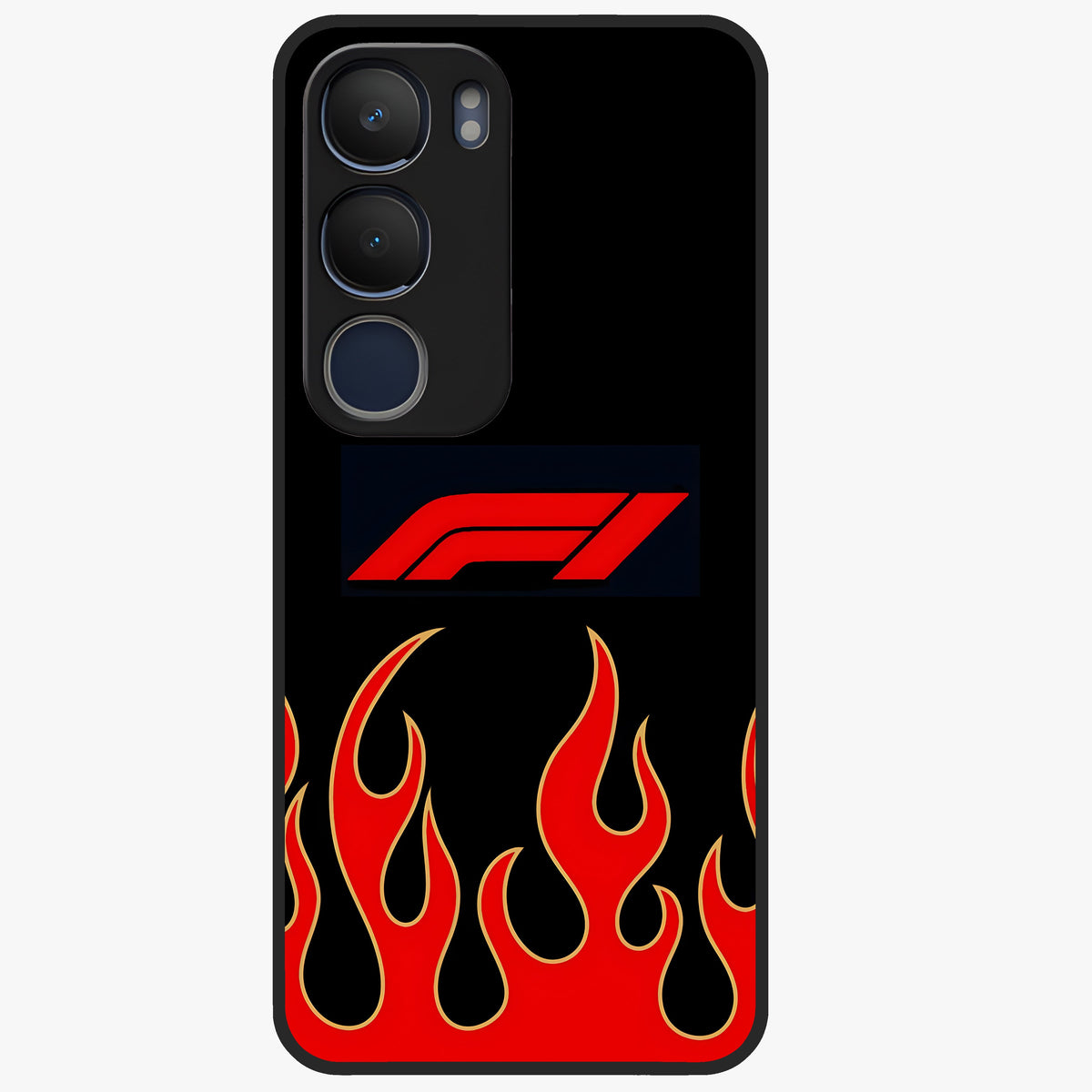 Fire F11 Glass Case showing flat back view with fiery themed artwork and glossy glass finish.