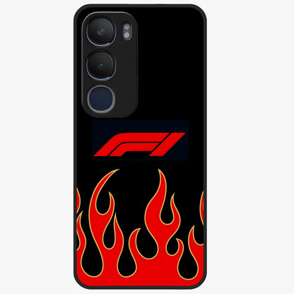 Fire F11 Glass Case showing flat back view with fiery themed artwork and glossy glass finish.