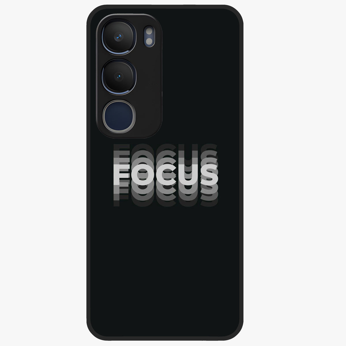 Focus Mode On Glass Case showing flat back view with bold motivational typography design and glossy glass finish.