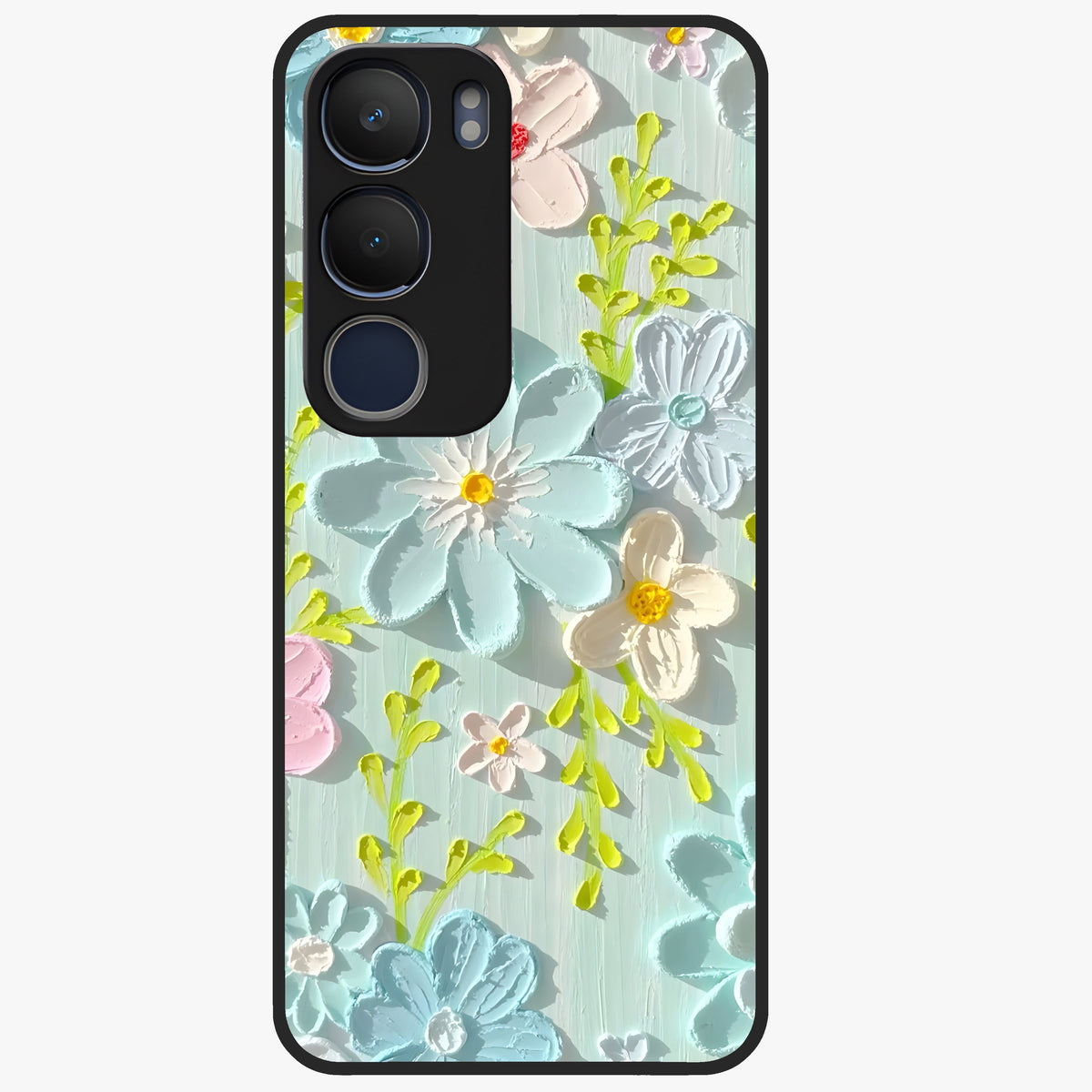 Frosted Petal Garden Glass Case showing flat back view with soft frosted floral artwork and glossy glass finish.