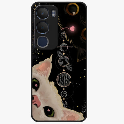 Galactic Cat Glass Case showing flat back view with cosmic cat artwork and glossy glass finish.