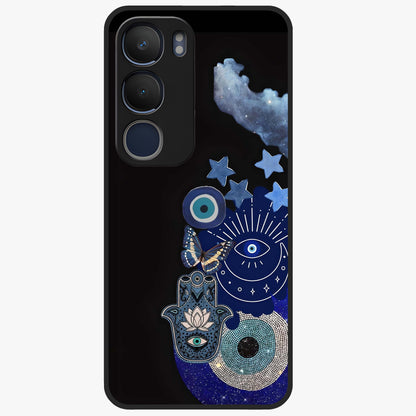 Galactic Charm Cluster Glass Case showing flat back view with glowing celestial charm artwork and glossy glass finish.