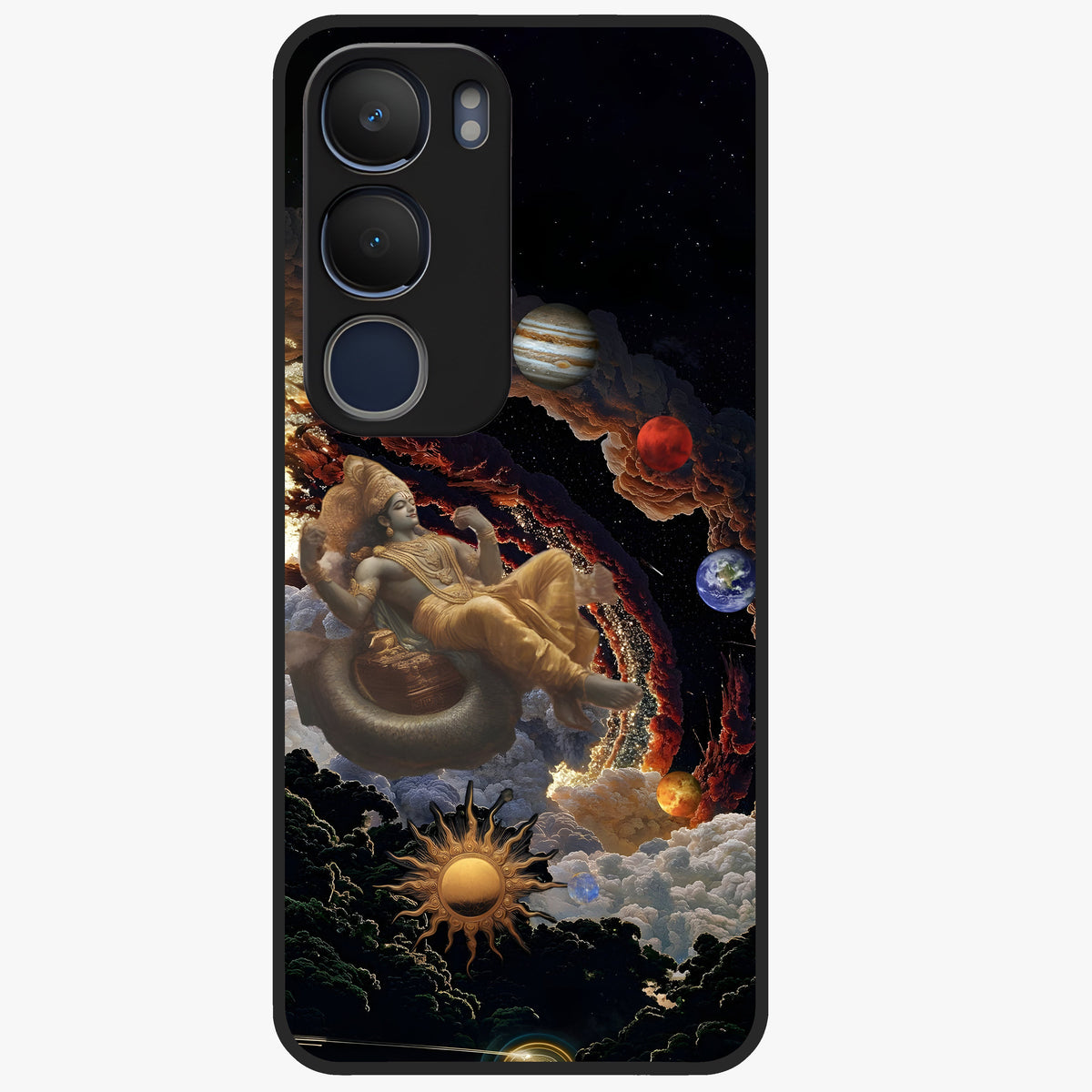 Galactic Divine God Glass Case showing flat back view with divine cosmic themed artwork and glossy glass finish.