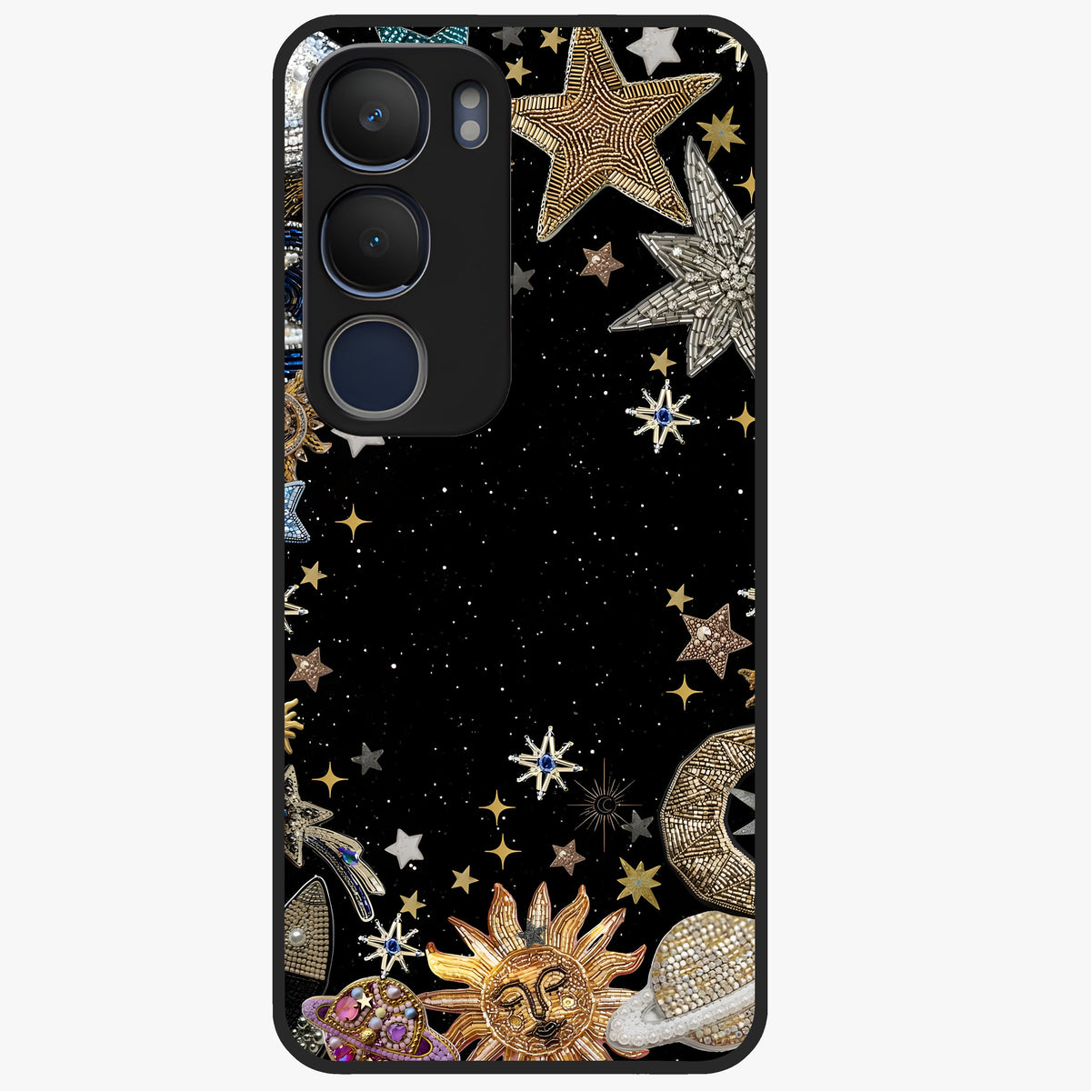Galactic Jewel Stars Glass Case showing flat back view with sparkling star jewel artwork and glossy glass finish.