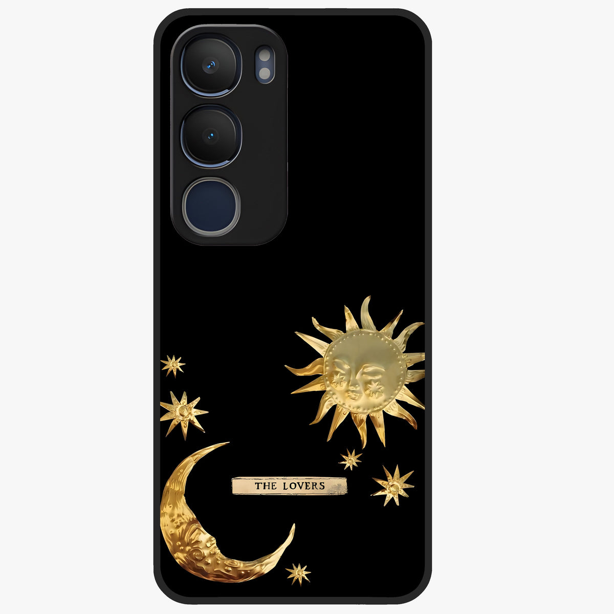 Golden Celestial Charm Glass Case showing flat back view with golden celestial charm artwork and glossy glass finish.