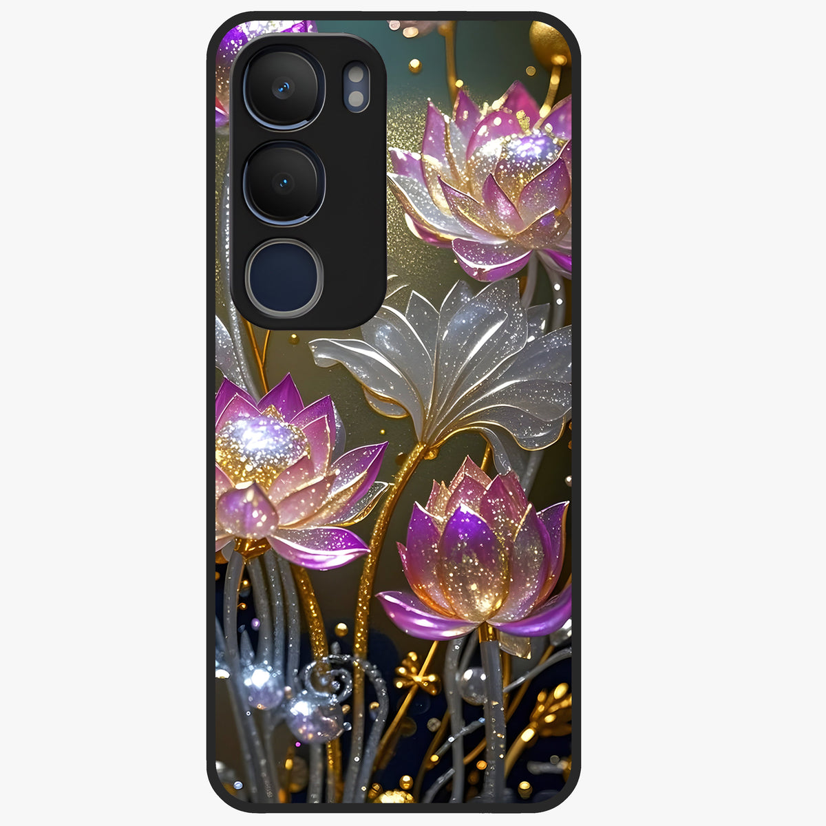 Golden Lotus Glow Glass Case showing flat back view with glowing lotus flower artwork and glossy glass finish.