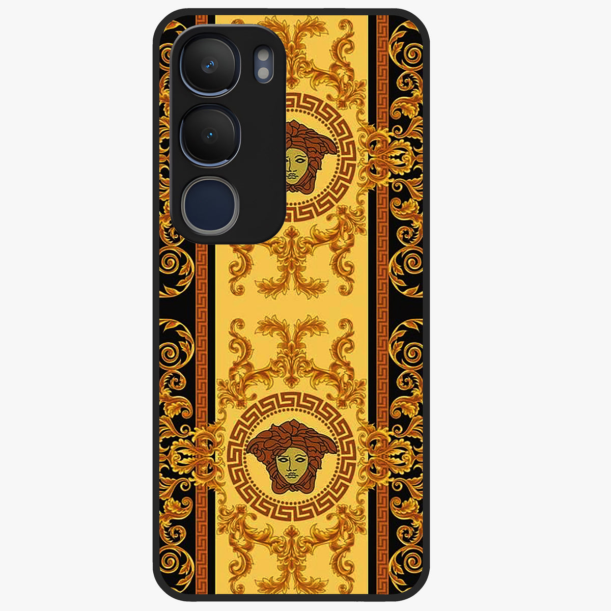 Golden Royal Heritage Glass Case showing flat back view with ornate royal pattern artwork and glossy glass finish.