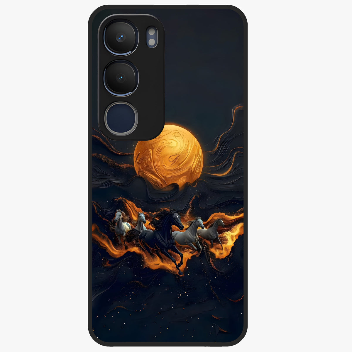 Golden Stallion Moonride Glass Case showing flat back view with majestic horse under moonlight artwork and glossy glass finish.