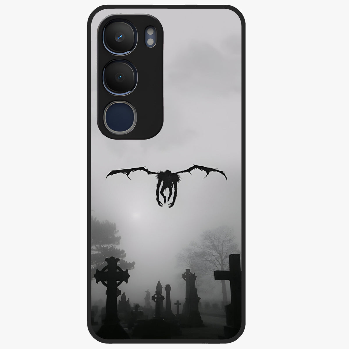 Graveyard Shadow Descent Glass Case showing flat back view with dark graveyard themed artwork and glossy glass finish.