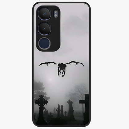 Graveyard Shadow Descent Glass Case showing flat back view with dark graveyard themed artwork and glossy glass finish.