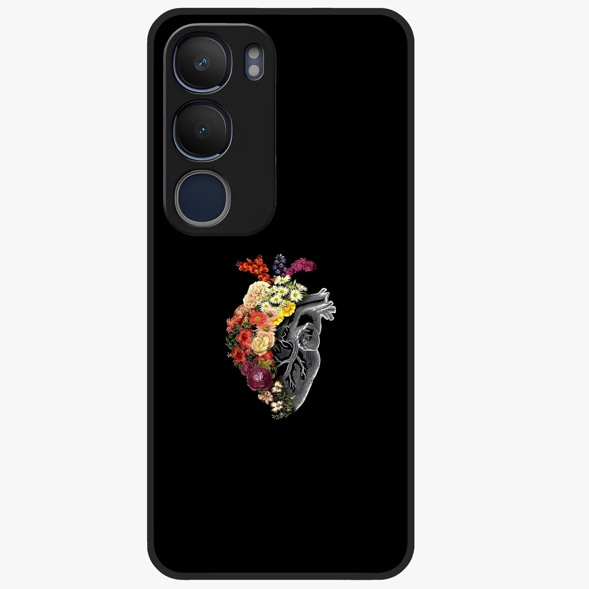 Heart With Flowers Glass Case showing flat back view with heart shaped floral artwork and glossy glass finish.