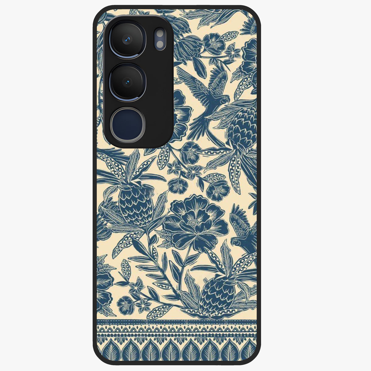 Heirloom Wild Bloom Glass Case showing flat back view with vintage inspired wild flower artwork and glossy glass finish.