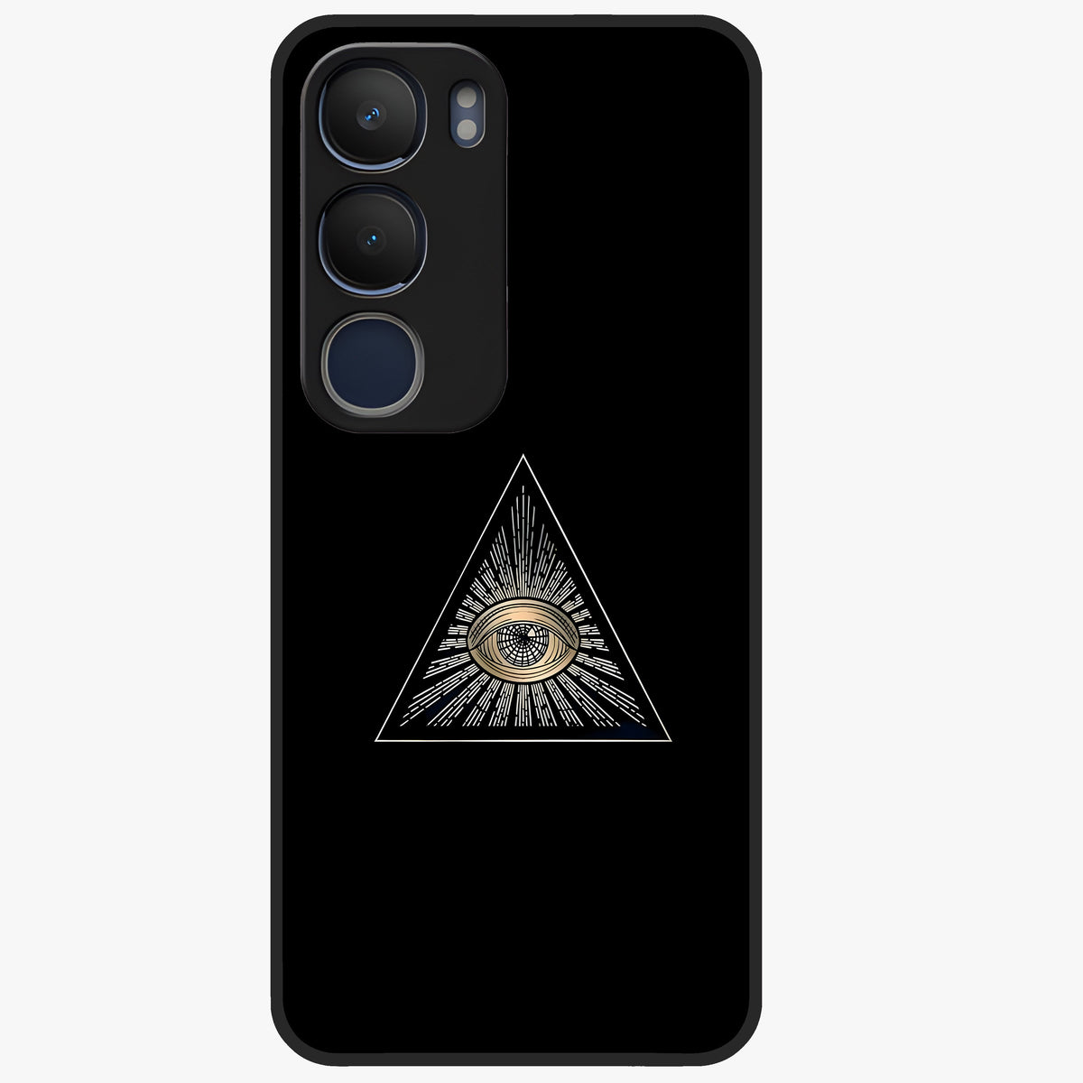 Illuminati Evil Glass Case showing flat back view with mysterious illuminati symbol artwork and glossy glass finish.