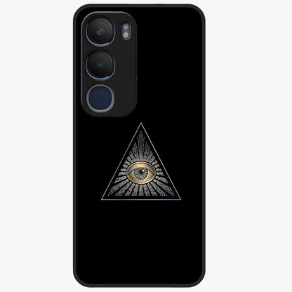 Illuminati Evil Glass Case showing flat back view with mysterious illuminati symbol artwork and glossy glass finish.