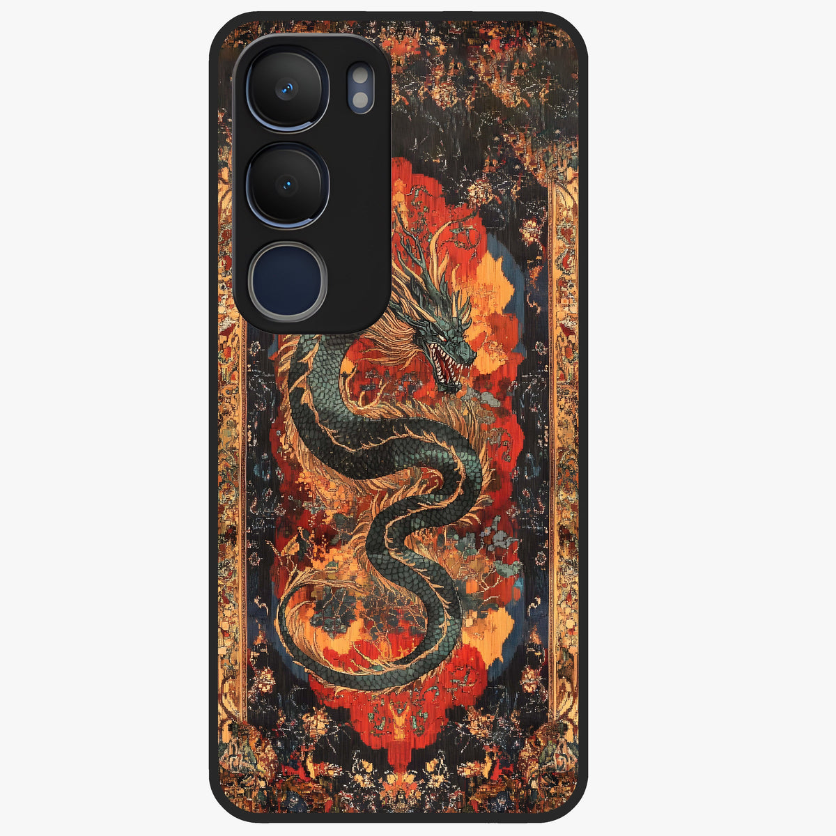 Inferno Dragon Soul Glass Case showing flat back view with fiery dragon artwork and glossy glass finish.