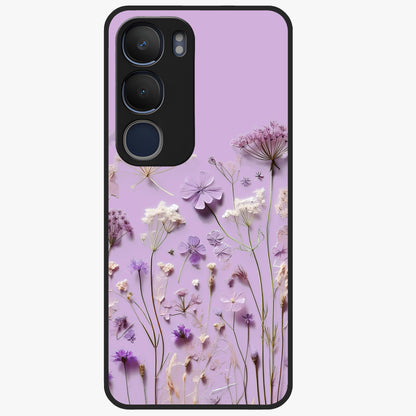 Lavender Blossom Dream Glass Case showing flat back view with soft lavender floral artwork and glossy glass finish.