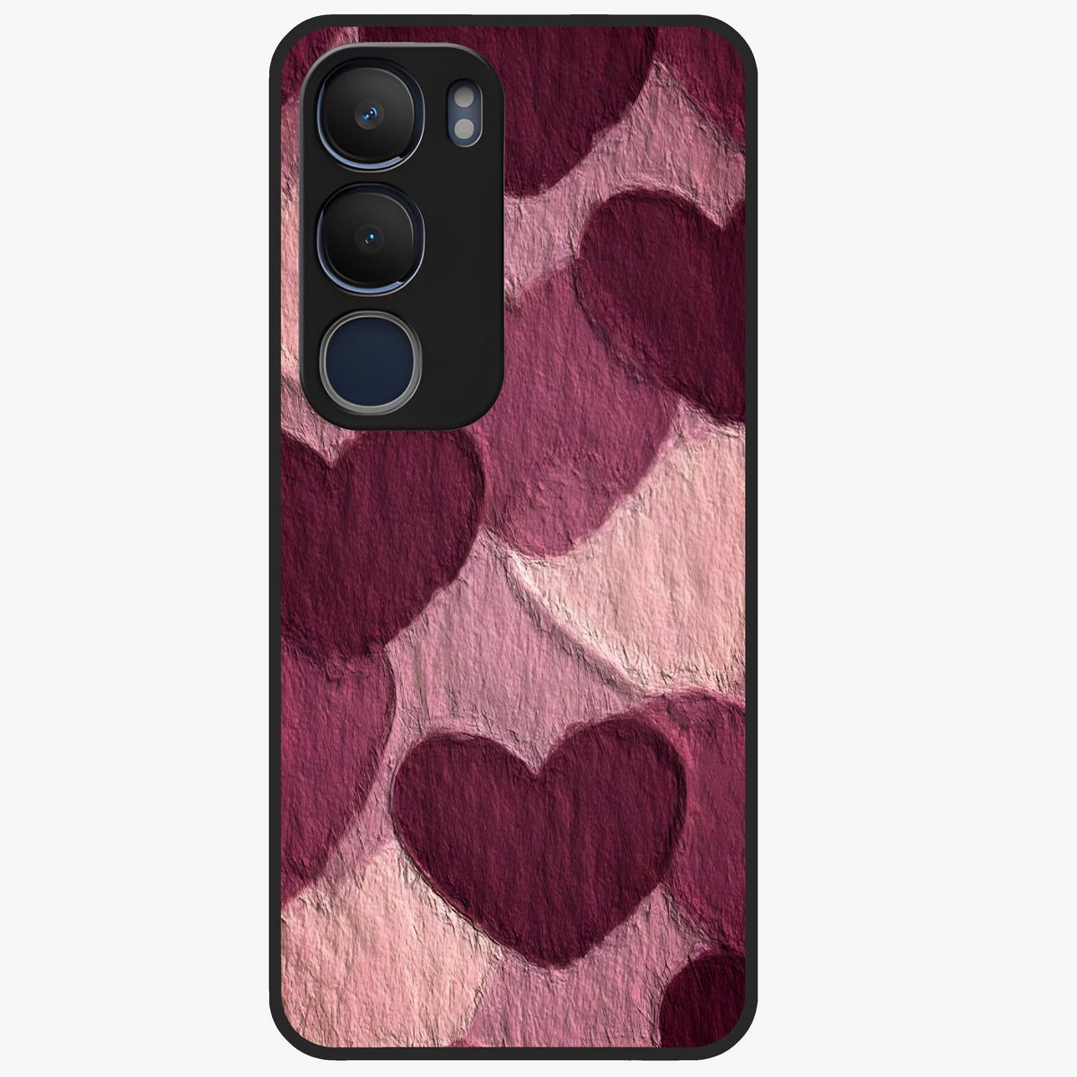 Layered Paper Hearts Glass Case showing flat back view with layered paper heart artwork and glossy glass finish.
