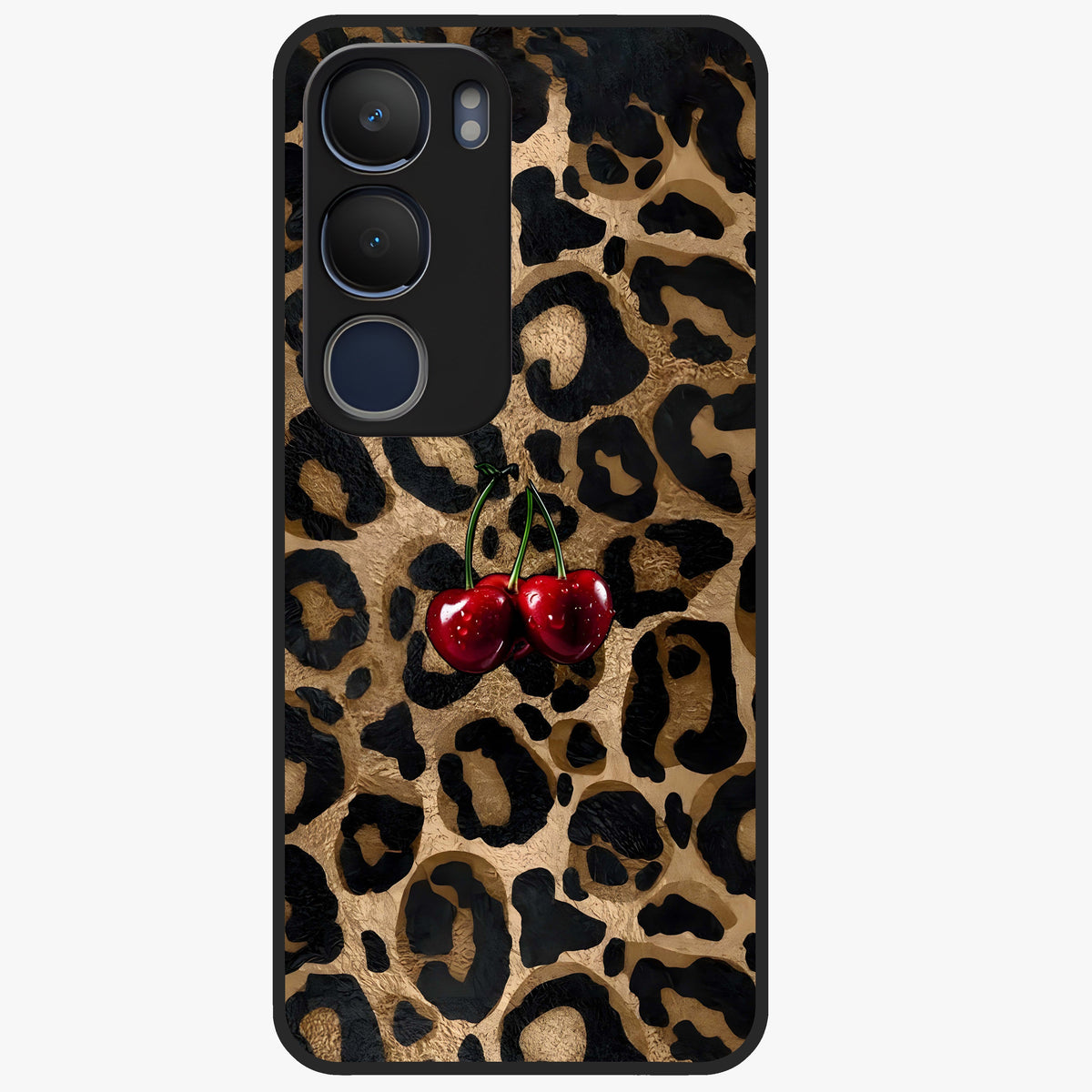 Leopard Wild Cherry Glass Case showing flat back view with leopard pattern and cherry artwork and glossy glass finish.