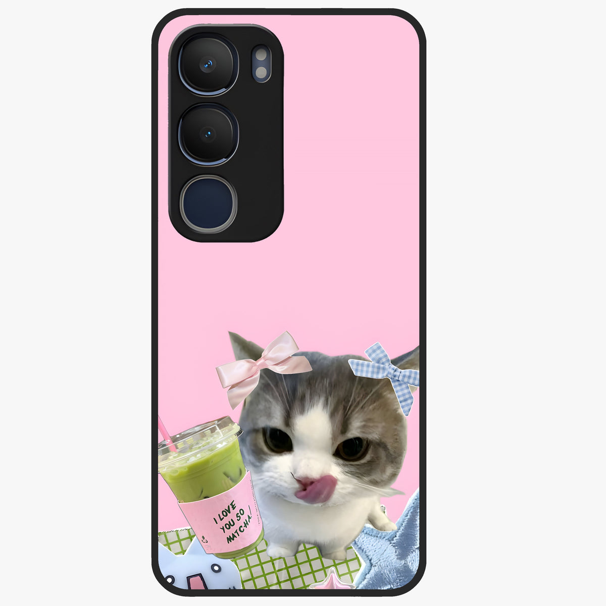 Love Matcha Cat Glass Case showing flat back view with cute cat and matcha themed artwork and glossy glass finish.