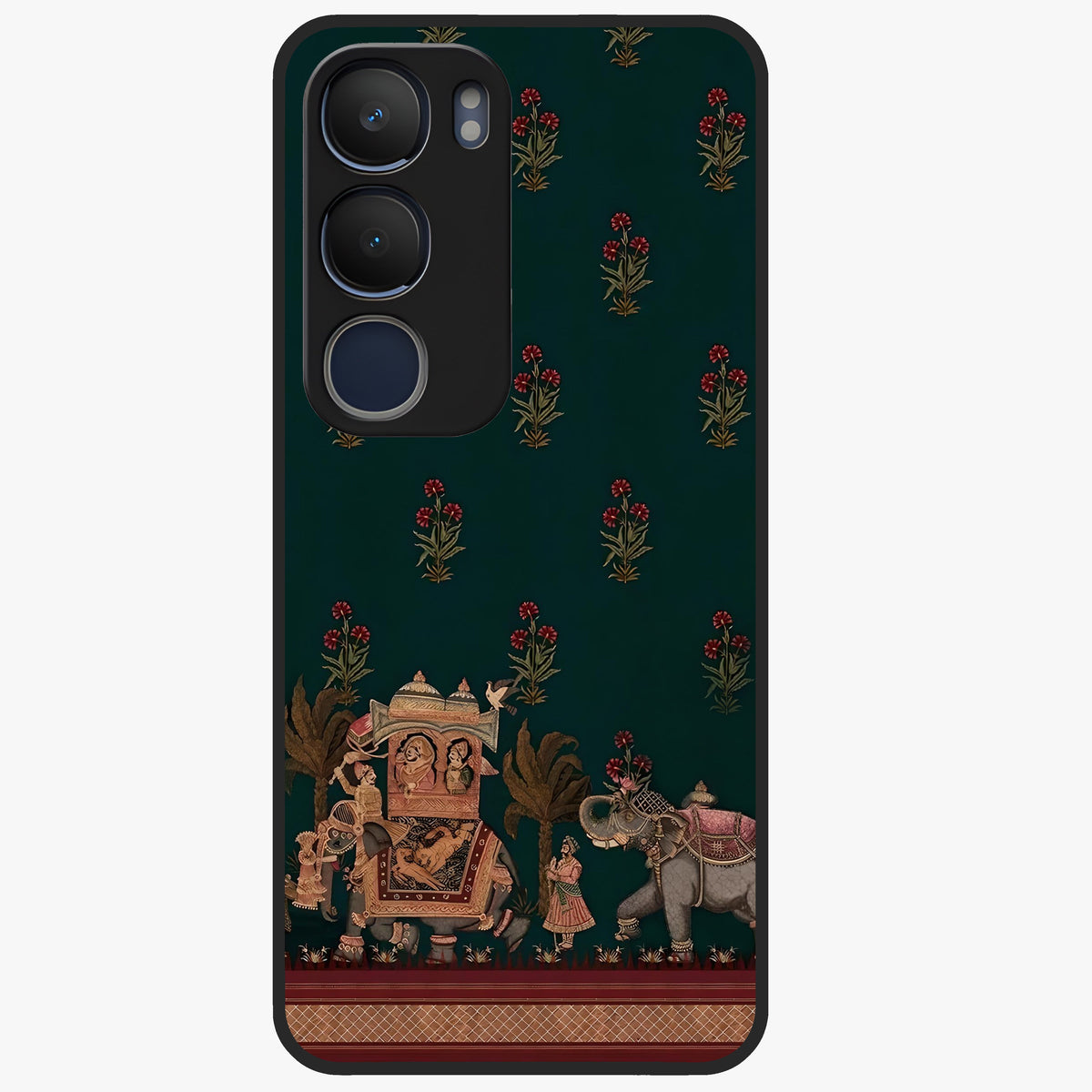 Macmerise Glass Case showing flat back view with stylish modern artwork and glossy glass finish.