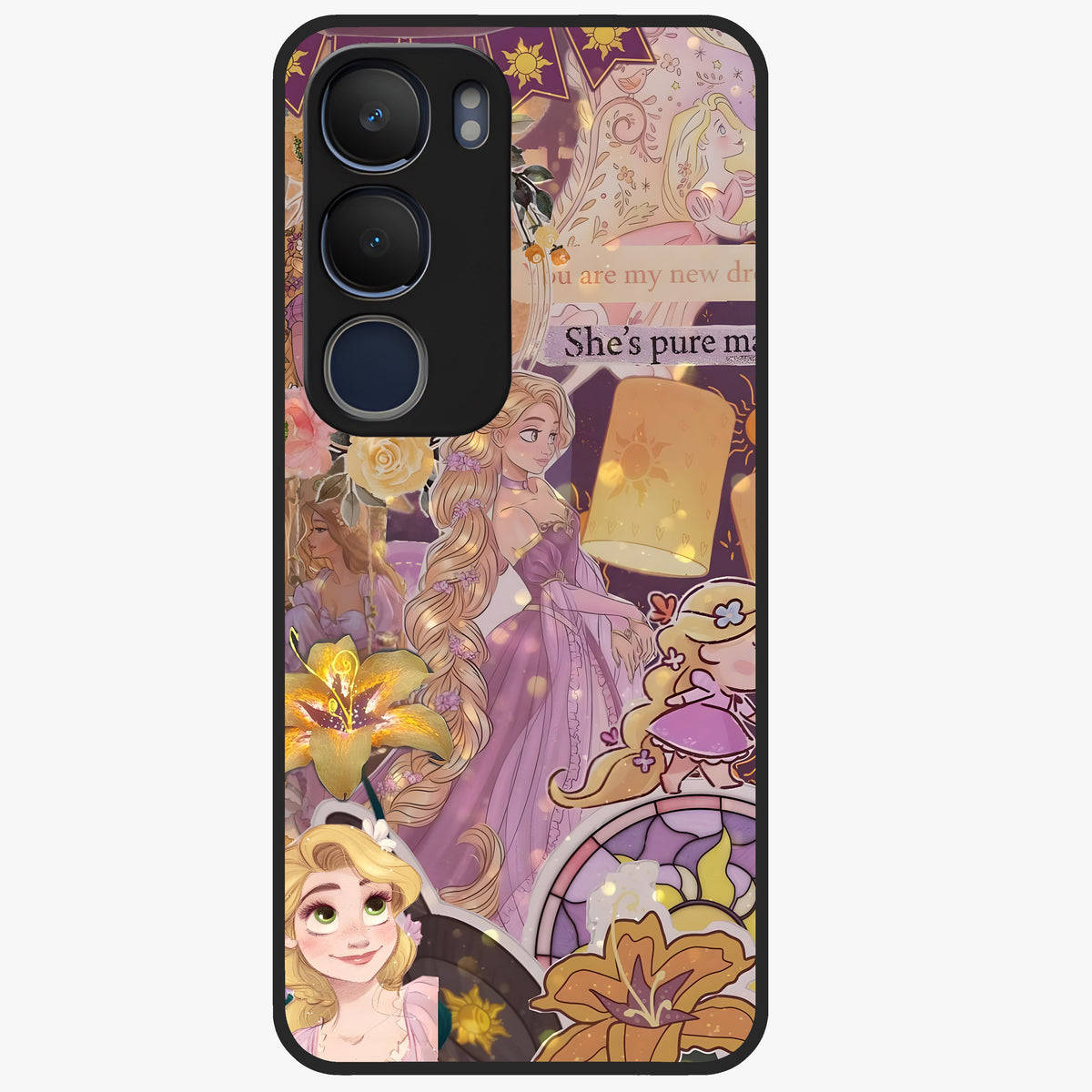 Magical Tangled Dream Glass Case showing flat back view with dreamy tangled artwork and glossy glass finish.