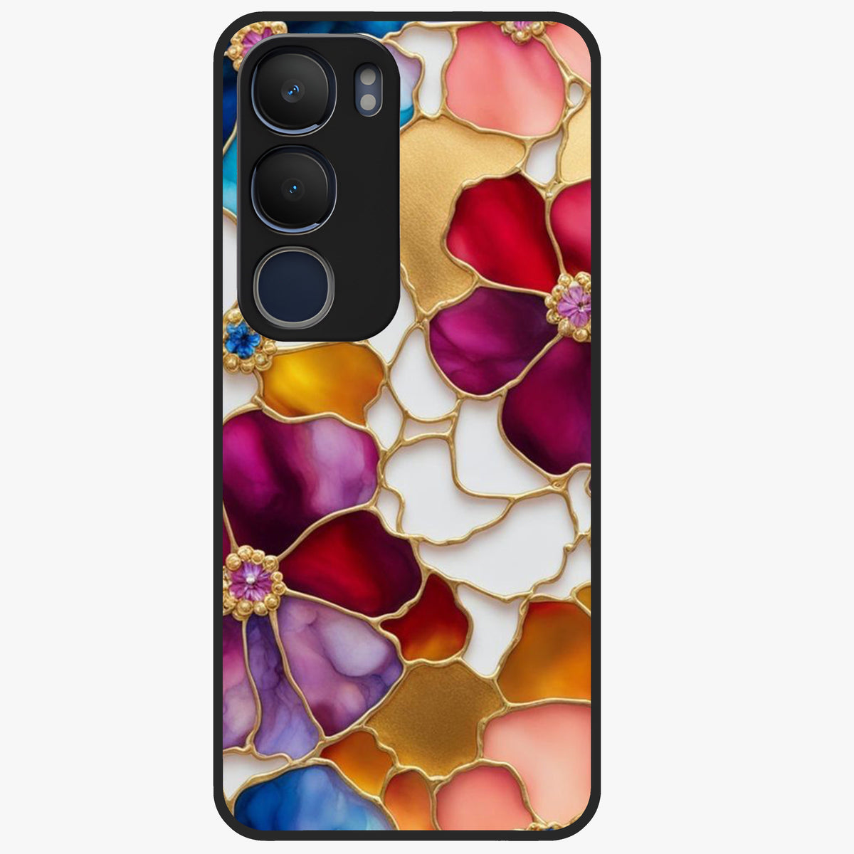 Marble Flower Pattern Glass Case showing flat back view with marble texture floral artwork and glossy glass finish.