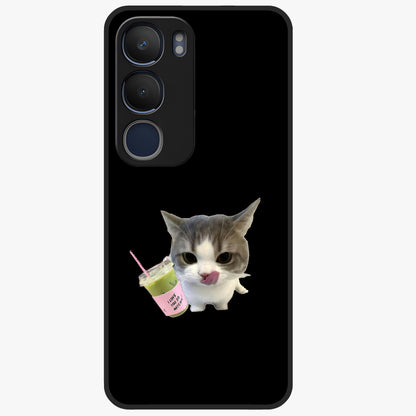 Matcha Cat Style Glass Case showing flat back view with cute matcha themed cat artwork and glossy glass finish.