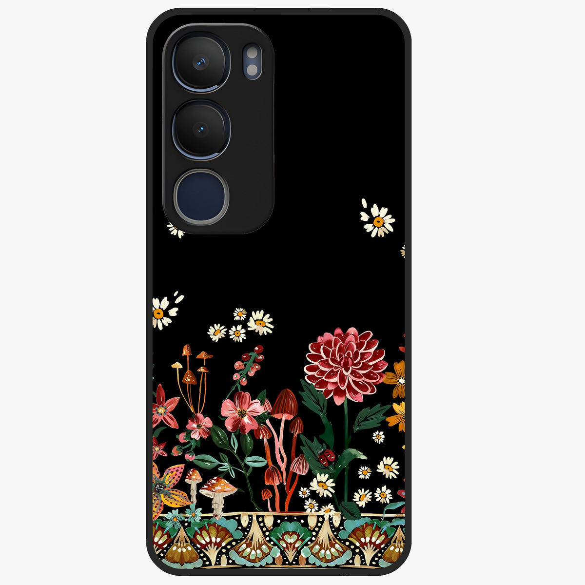 Midnight Bloom Pattern Glass Case showing flat back view with dark floral pattern artwork and glossy glass finish.