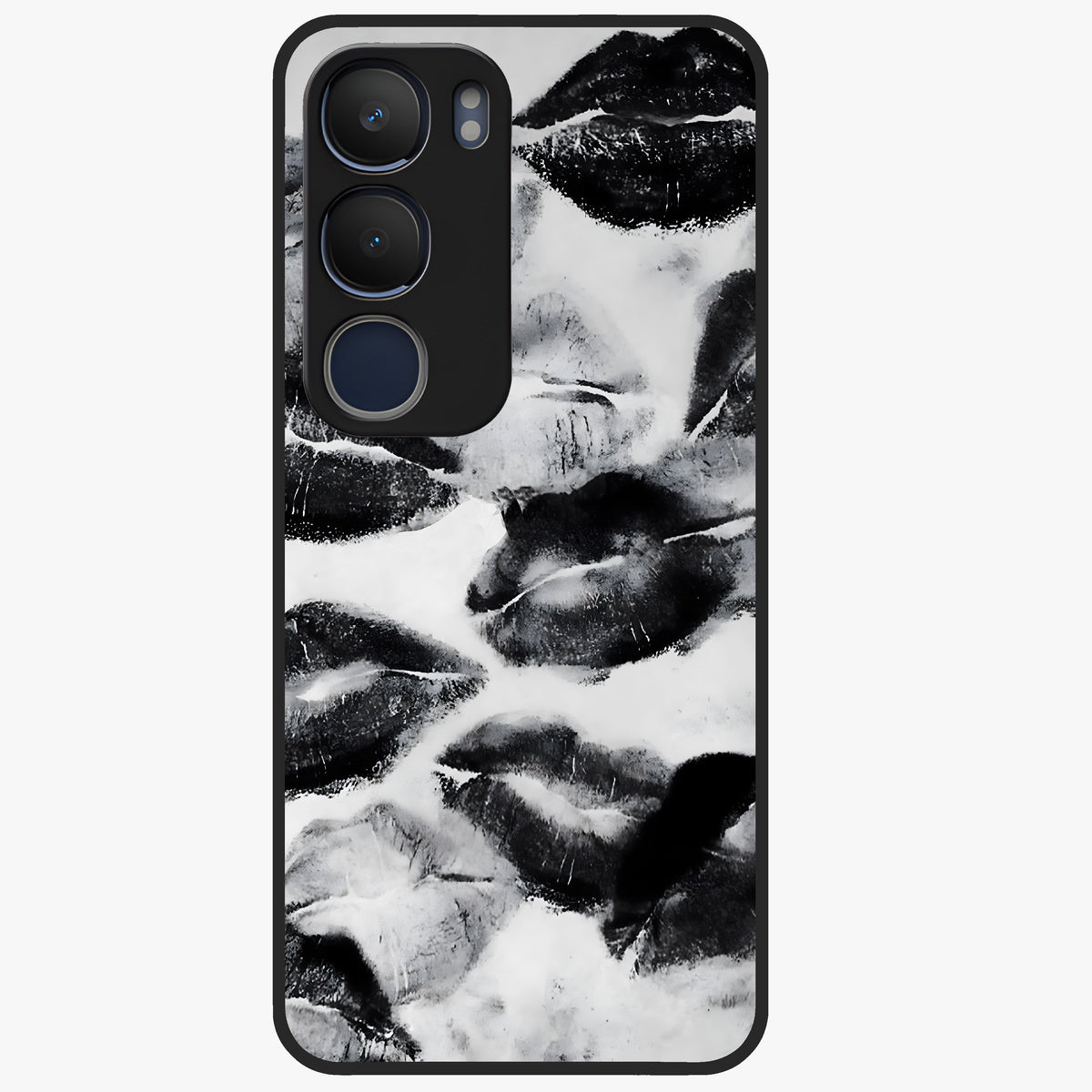 Midnight Kiss Marks Glass Case showing flat back view with lipstick kiss mark artwork and glossy glass finish.