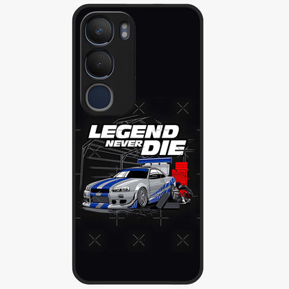 Midnight Racing Legacy Glass Case showing flat back view with sleek racing inspired artwork and glossy glass finish.
