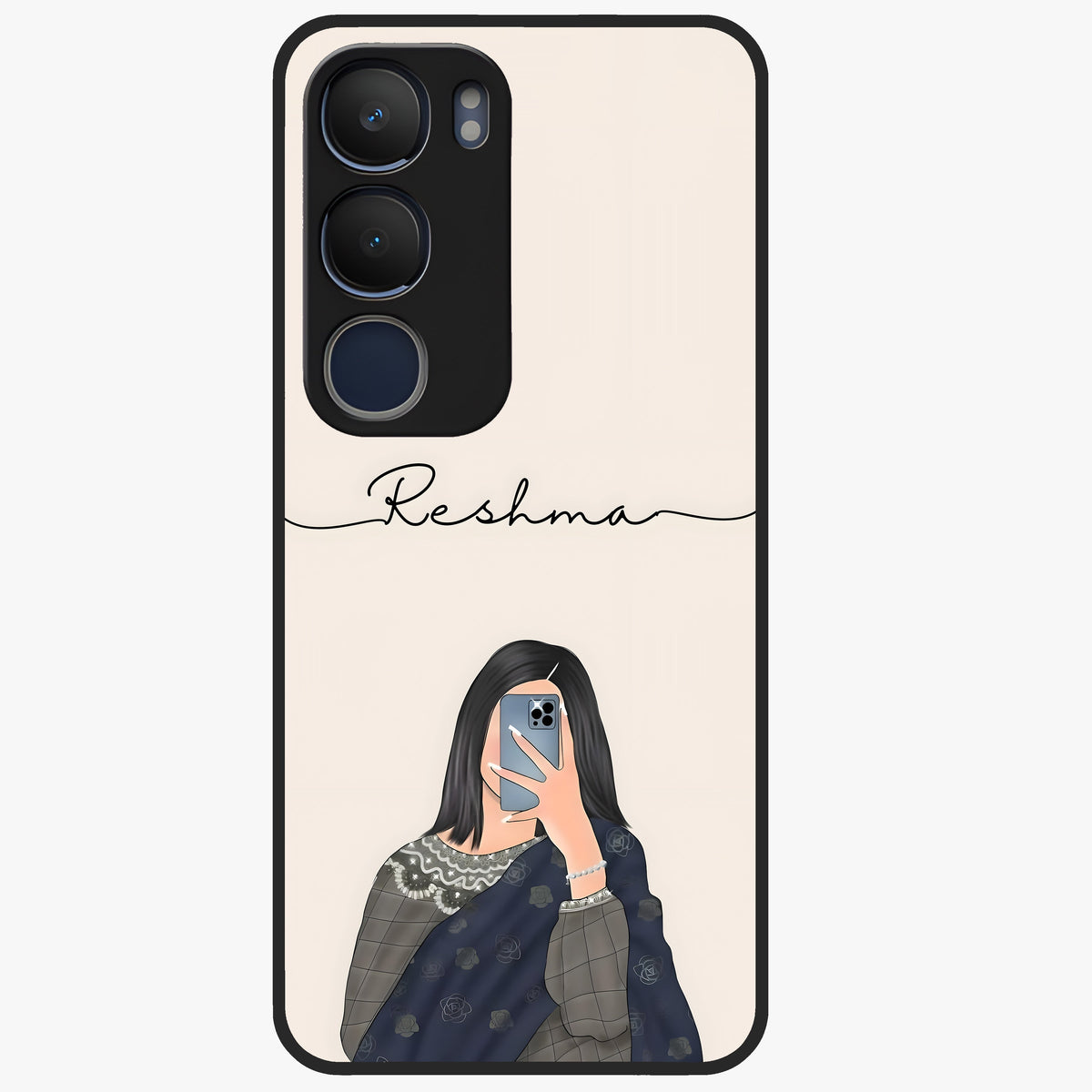 Mirror Mood Muse With Custom Name Glass Case showing flat back view with stylish mirrored artwork and personalized name design.