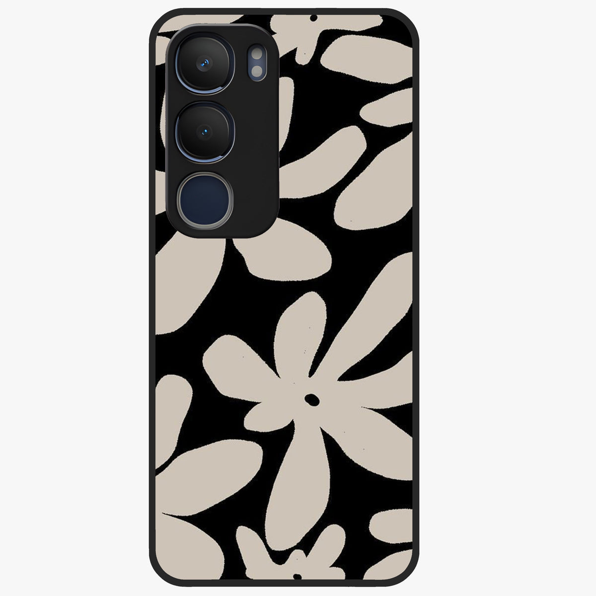 Monochrome Petal Dance Glass Case showing flat back view with monochrome floral artwork and glossy glass finish.