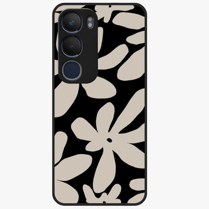 Monochrome Petal Dance Glass Case showing flat back view with monochrome floral artwork and glossy glass finish.