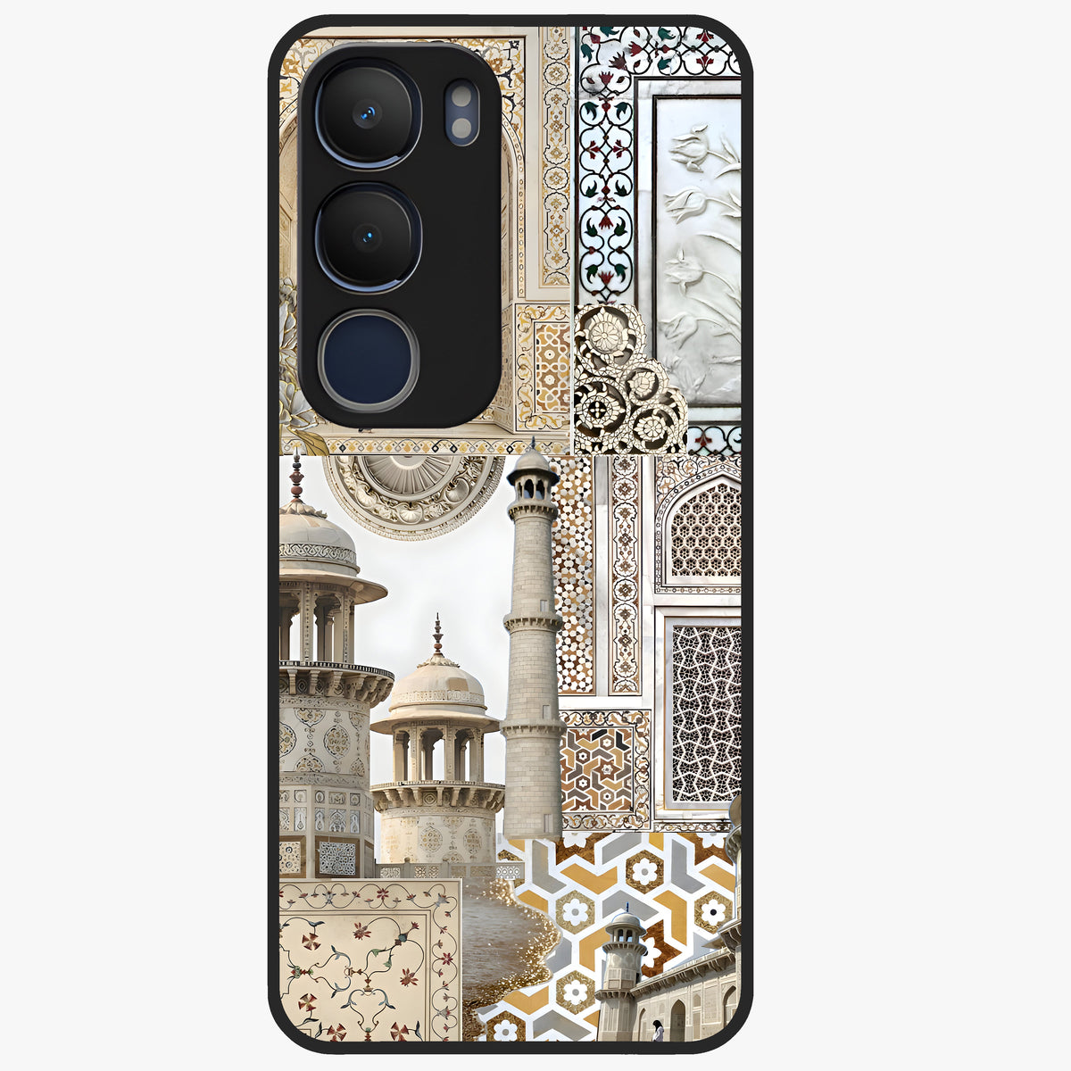 Mughal Marble Legacy Glass Case showing flat back view with intricate Mughal inspired marble pattern and glossy glass finish.