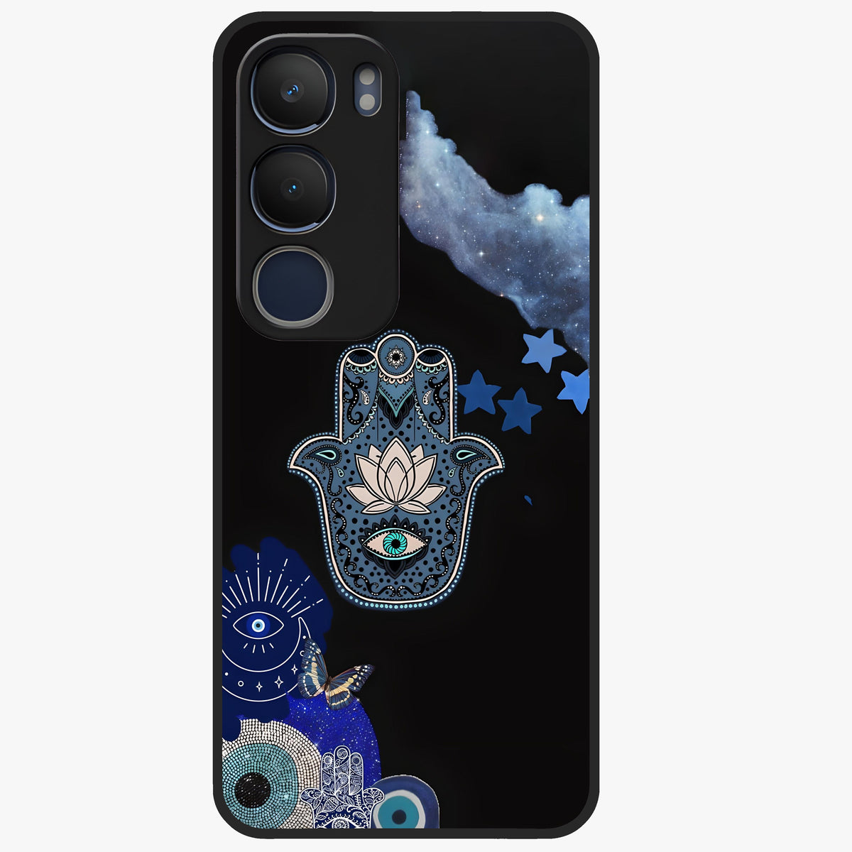 Mystic Hand Aura Glass Case showing flat back view with mystical hand symbol artwork and glossy glass finish.