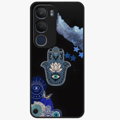 Mystic Hand Aura Glass Case showing flat back view with mystical hand symbol artwork and glossy glass finish.