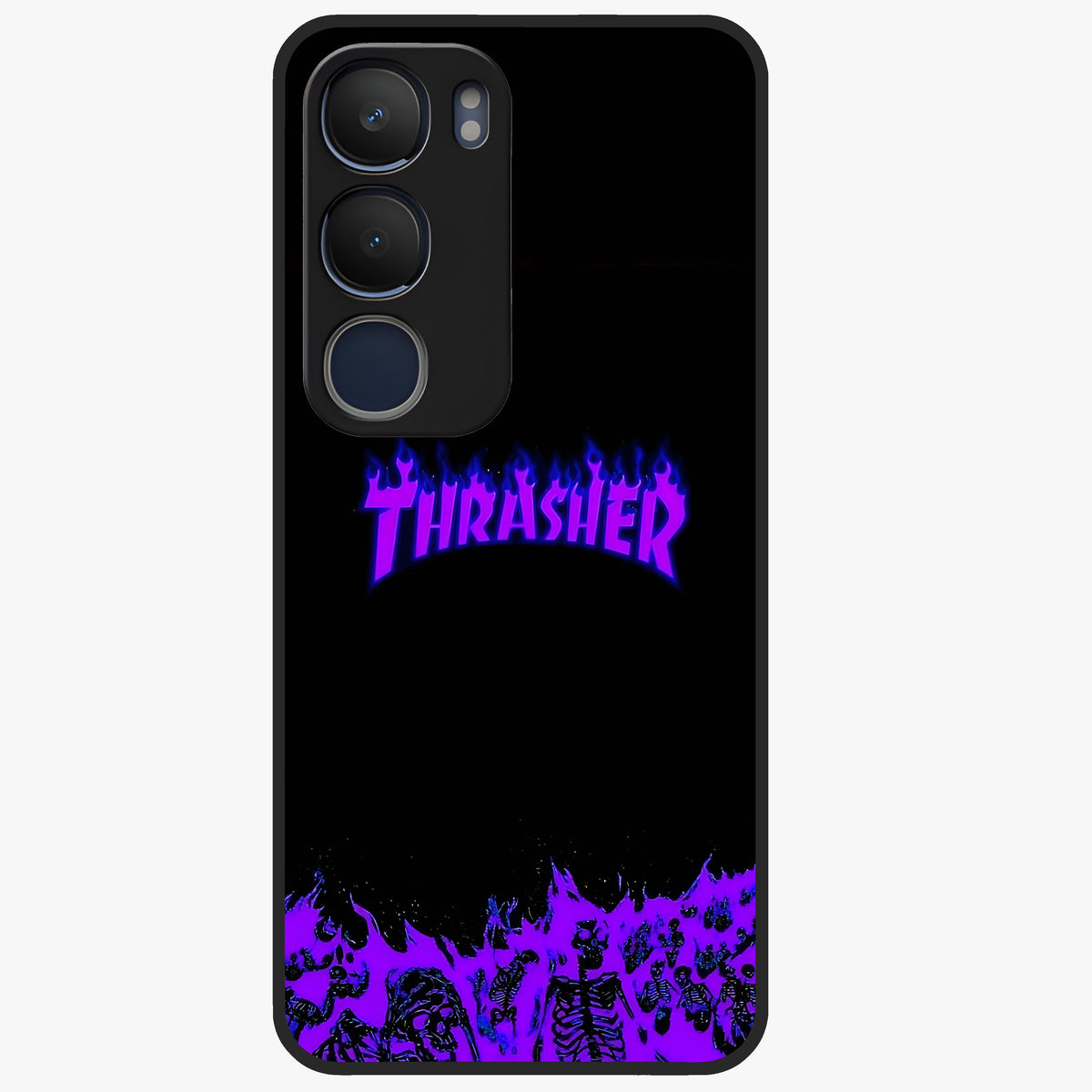 Neon Flame Riot Glass Case showing flat back view with neon flame artwork and glossy glass finish.