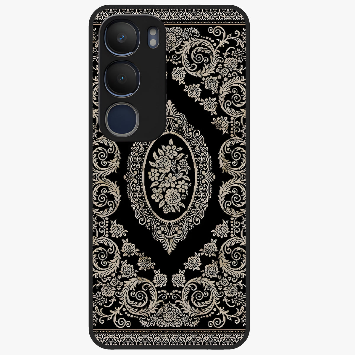 Noir Bloom Elegance Glass Case showing flat back view with elegant dark floral artwork and glossy glass finish.