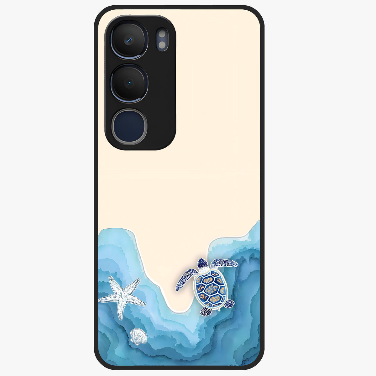 Ocean Drift Turtle Glass Case showing flat back view with sea turtle artwork and glossy glass finish.