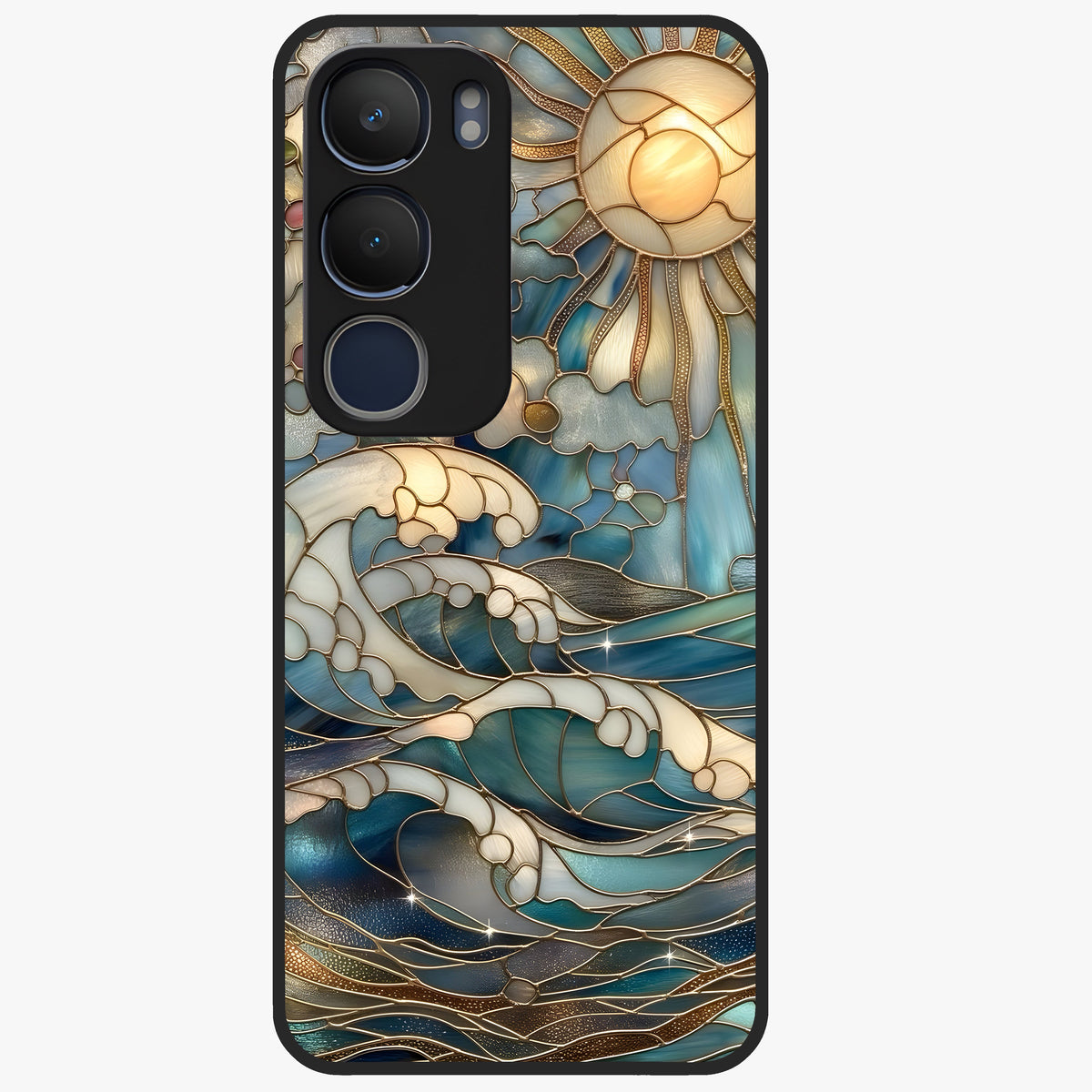Oceanic Stained Printed Glass Case showing flat back view with ocean inspired stained pattern artwork and glossy glass finish.