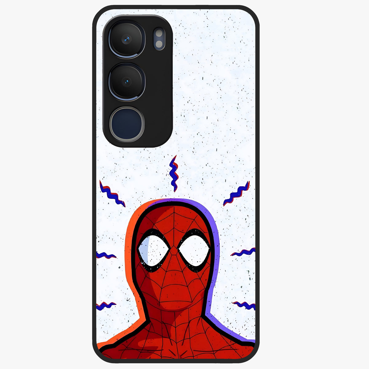 Omg Spiderman Glass Case showing flat back view with bold superhero inspired artwork and glossy glass finish.