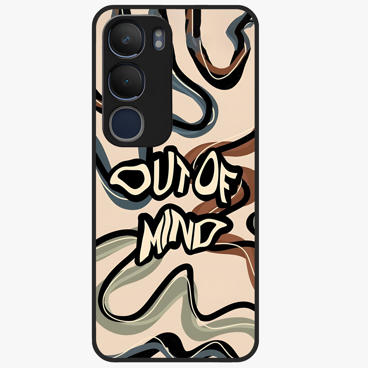 Out Of Mind Glass Case showing flat back view with expressive typography artwork and glossy glass finish.